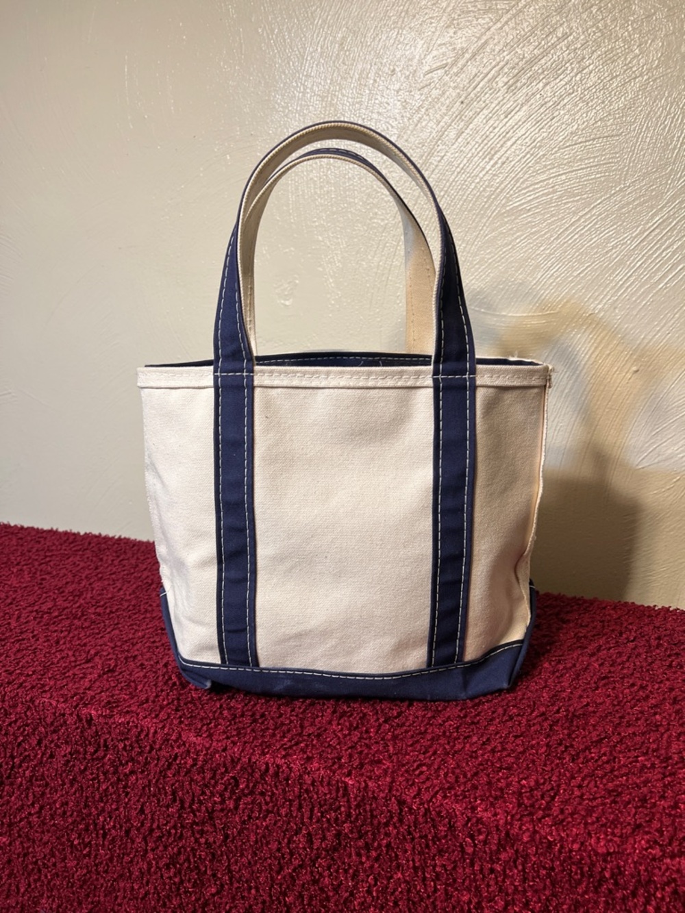 Vintage 90s LL Bean Made In USA Boat and Tote Small Tote Bag Purse Navy Cream - Picture 3 of 16